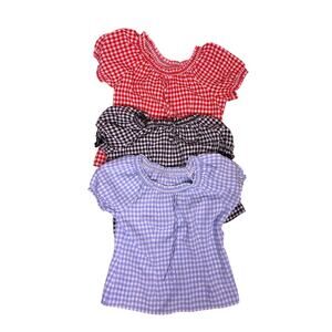 Lot of 3 Vintage Checkered Picnic Blouse Womens Large Cottagecore Puff Sleeve